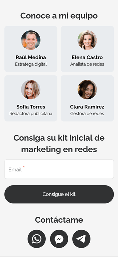 Parte inferior de la página de Taplink de un especialista en marketing digital, con los bloques Texto, Medios y texto, Forma y pagos y Messengers