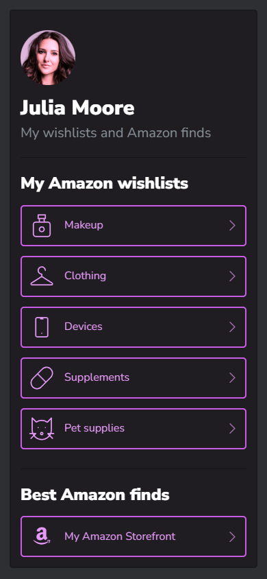 A Taplink link in bio page featuring links to Amazon Wish Lists and an Amazon Storefront link