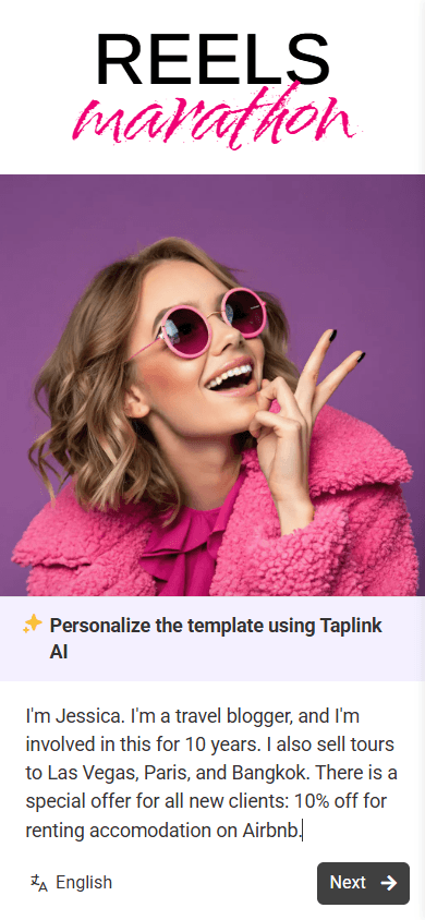 Taplink digital business card template with the filled-in prompt field