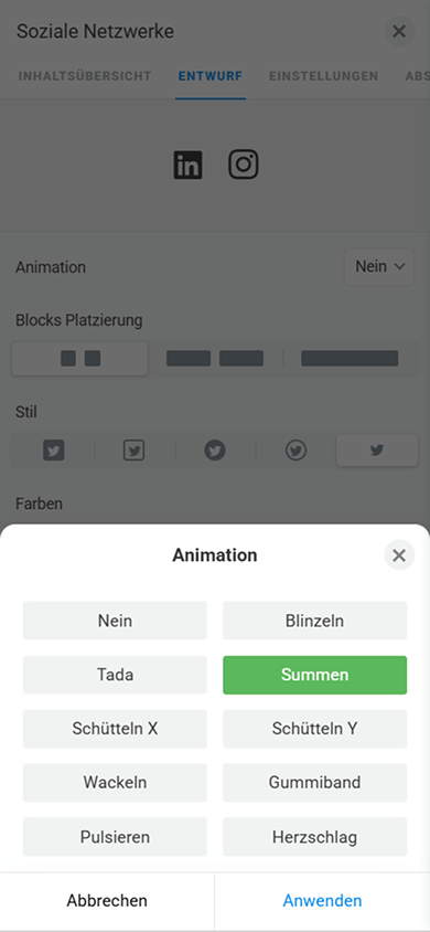 Fenster mit Animationseinstellungen im Block „Soziale Netzwerke“