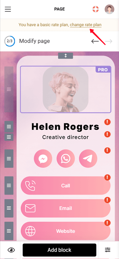 Tapping change rate plan in the Taplink, an editor of a link tree for TikTok
