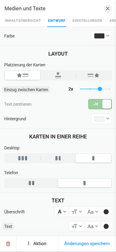 Design-Tab mit Einstellungen für das Layout, die Anzahl der Karten pro Reihe und den Text im Block „Medien und Texte“