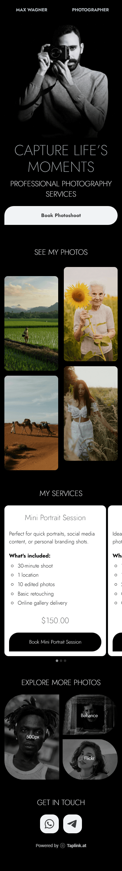 An example of the photographer’s digital portfolio built with the Taplink website builder