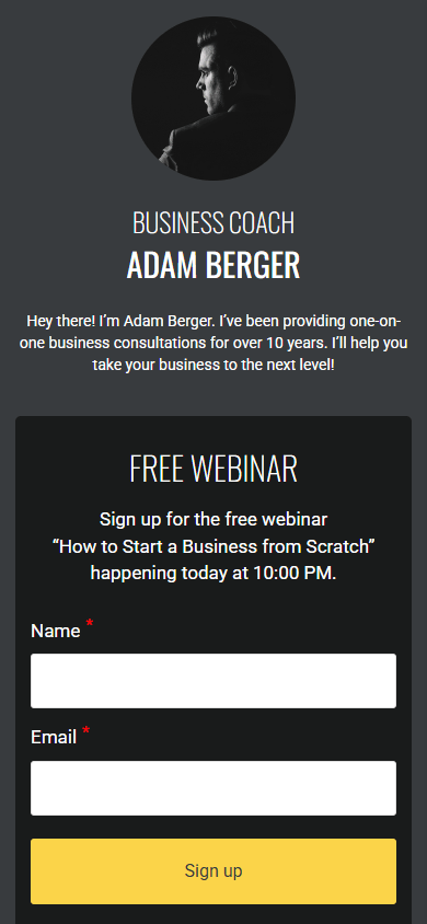 Business coach’s electronic business card that includes a contact form, a profile image, headings, and text