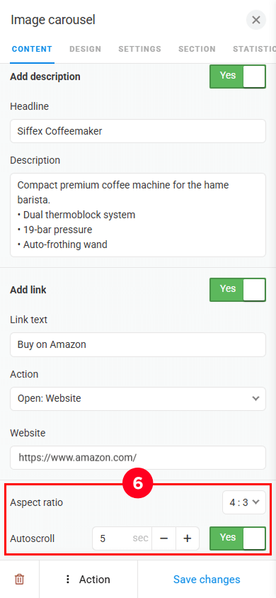 Setting the image aspect ratio, activating autoscroll, and setting the autoscroll duration in Taplink