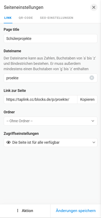 Seite zur Anpassung einer internen Seite mit Einstellungen für Seitenname, Link und Zugriff