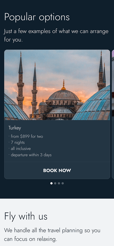 Middle section of a travel agency website built with Taplink