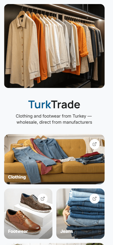 Clothing and footwear wholesaler’s bio link page created with Taplink