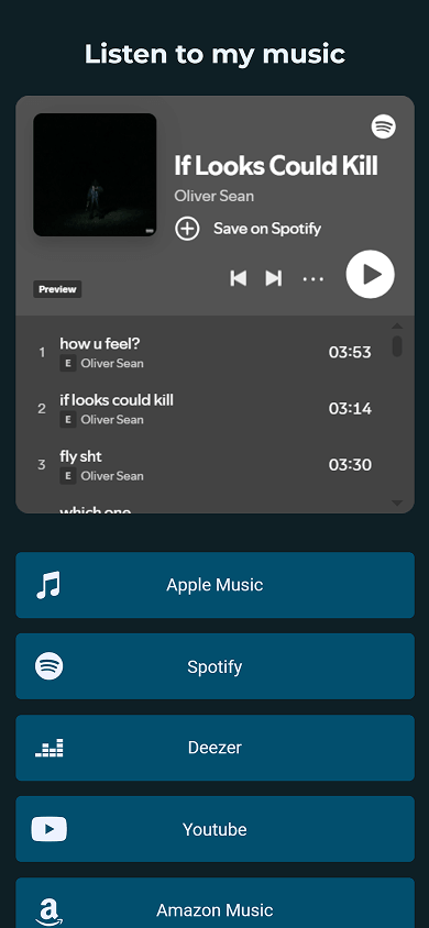 Middle of a musician’s website with music and streaming links