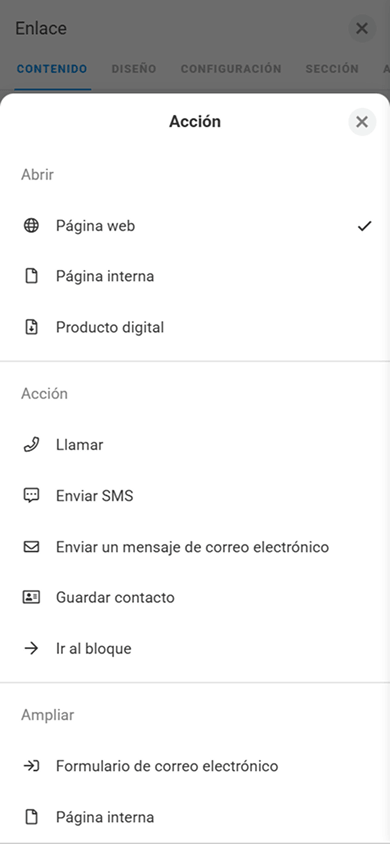 Ventana de configuración de la acción al hacer clic en la página de personalización del bloque Enlace