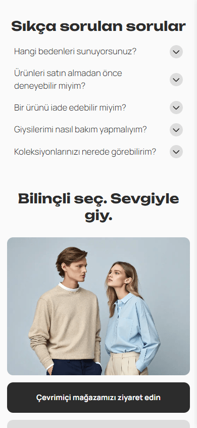 Giyim mağazasının bio link sayfası örneğinin alt kısmı