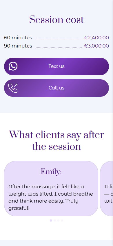 Bottom of a massage studio’s page with session prices and client reviews