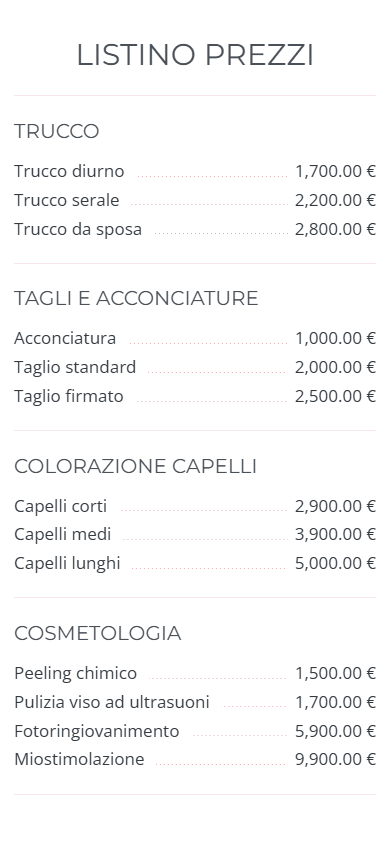 Parte centrale dell’esempio della pagina di link in bio di un salone di bellezza