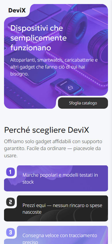 Parte superiore dell’esempio della pagina di link in bio di un negozio di gadget