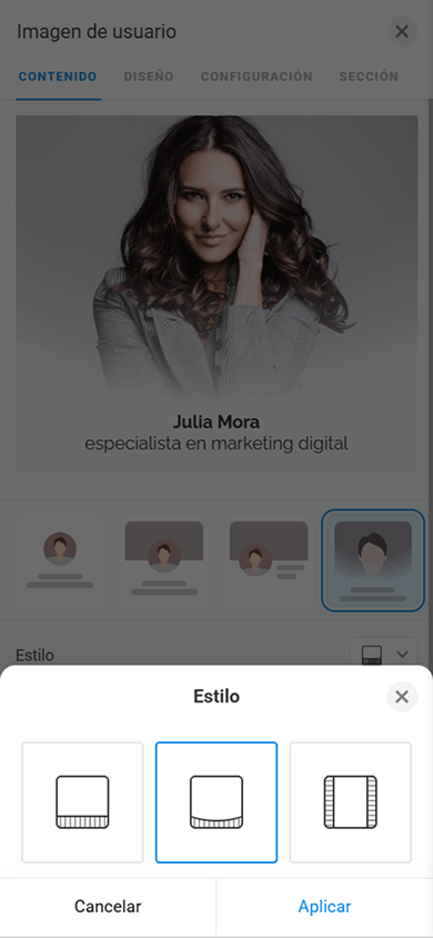 Configuración del estilo de la imagen de perfil en el bloque Imagen de usuario