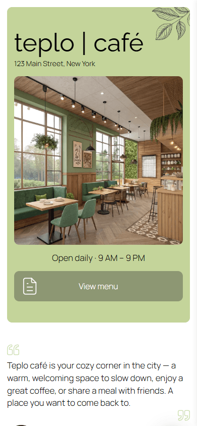 Top of the cafe’s link in bio page example