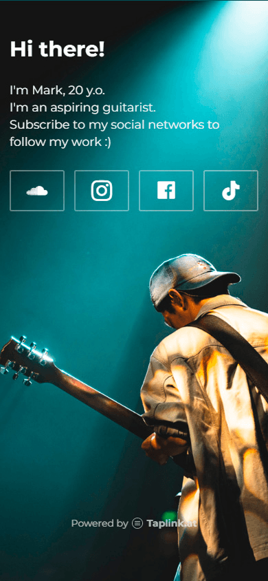Guitarist bio page built with Taplink