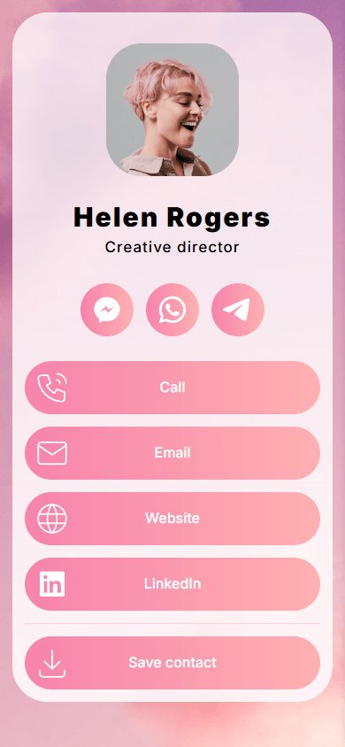 Link in bio page example featuring a profile photo, headings, links, and a contact button