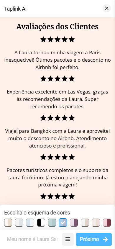 Um layout da seção Avaliações com ícones de cinco estrelas e depoimentos de clientes