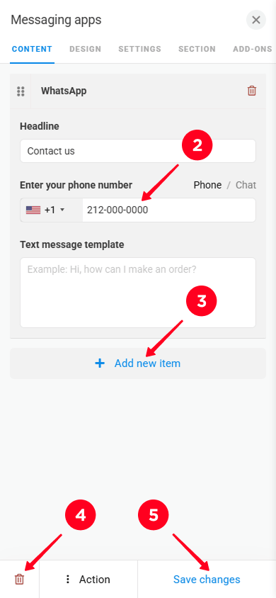 Updating the WhatsApp number, tapping Add new item and the trash icon, and saving the Messaging apps block