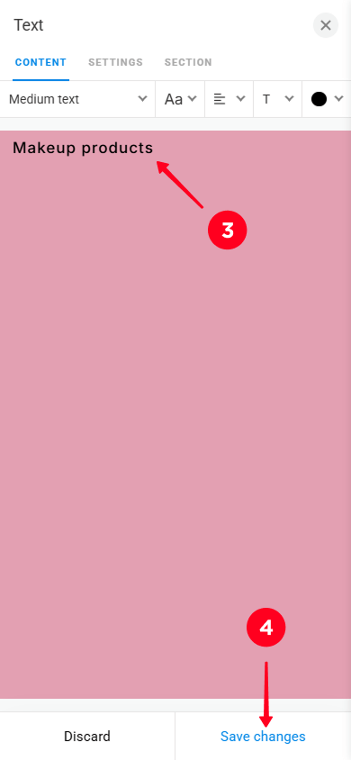 Entering text and tapping Save changes on the Text block settings page