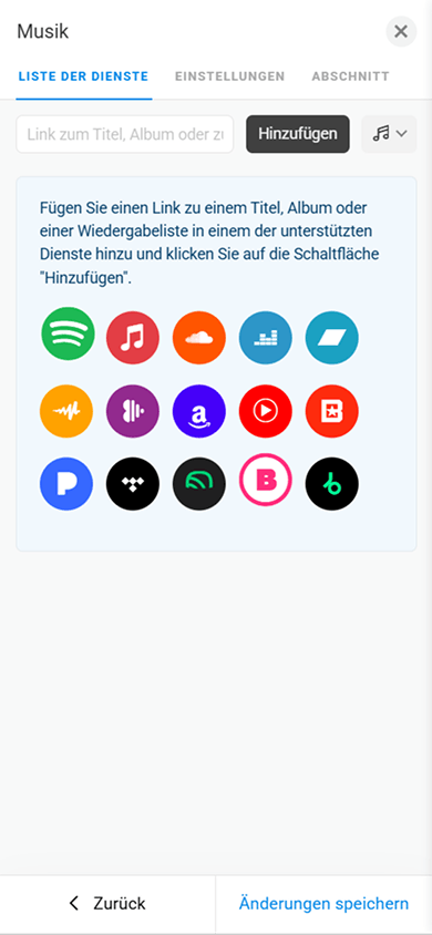 Eine Liste der in Taplink verfügbaren Musikplattformen