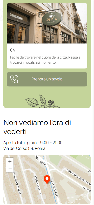 Parte inferiore dell’esempio della pagina di link in bio di un caffè