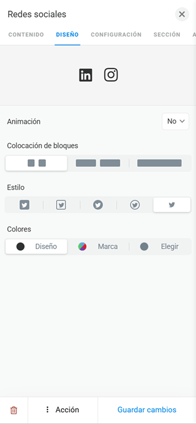 Pestaña de personalización del diseño del bloque Redes sociales