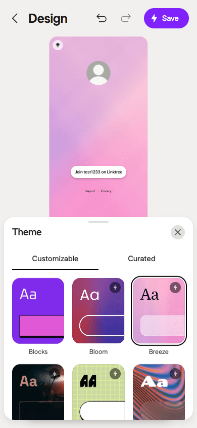 Tersedia enam tema desain di Linktree.