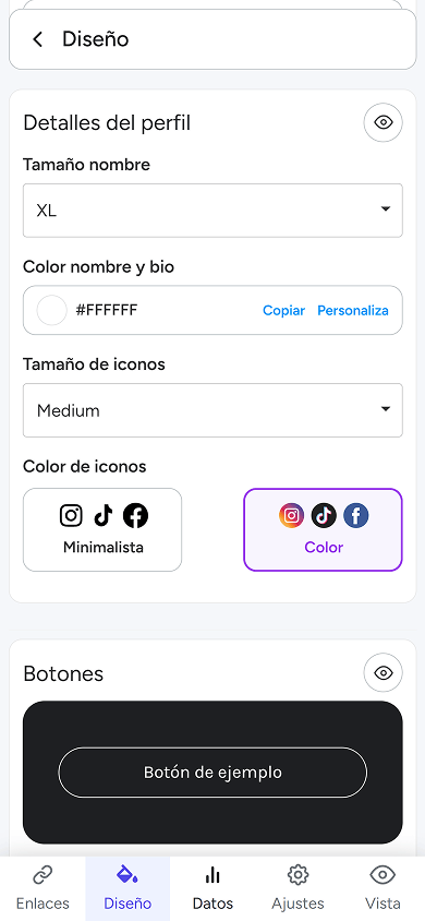 Configuración de personalización del título, los iconos y los botones en atom.bio