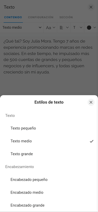 Ventana de configuración del estilo del bloque Texto en Taplink