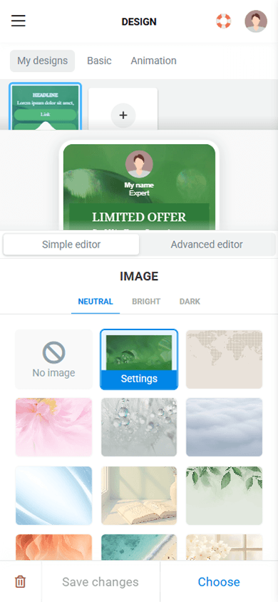 Simple page design customization settings in Taplink