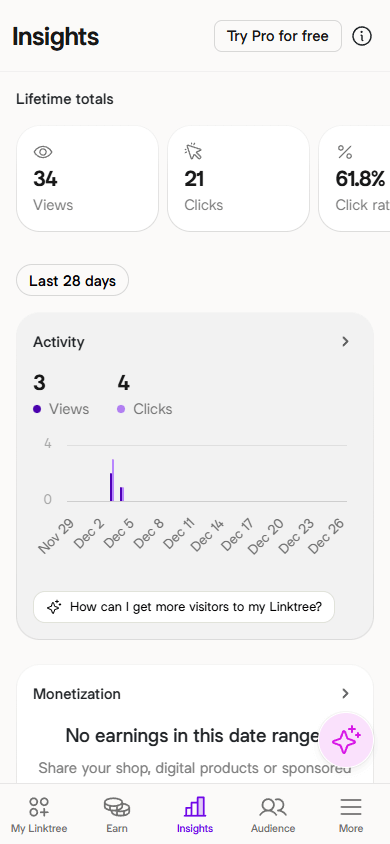 Page statistics interface in Linktree