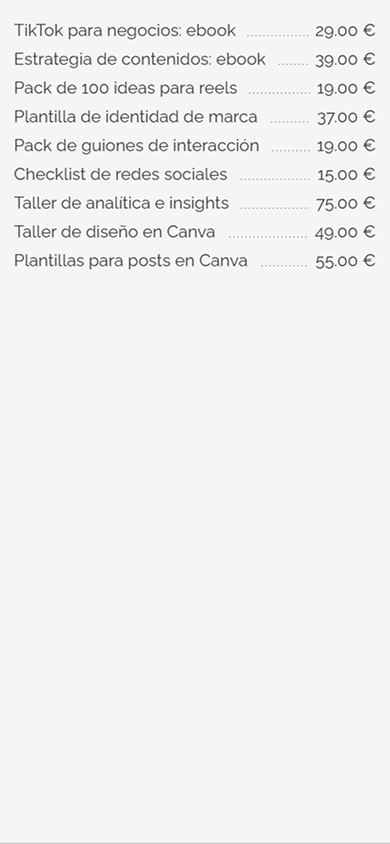Lista de precios en una página de enlace en la biografía creada con Taplink