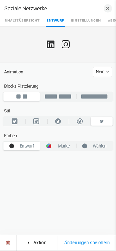 Tab zur Designanpassung im Block „Soziale Netzwerke“