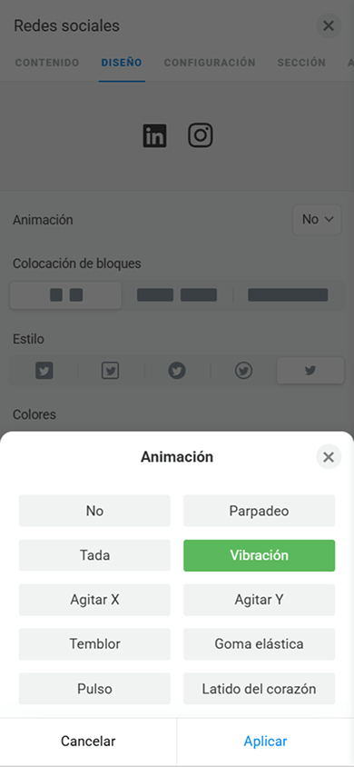 Ventana de configuración de la animación en el bloque Redes sociales