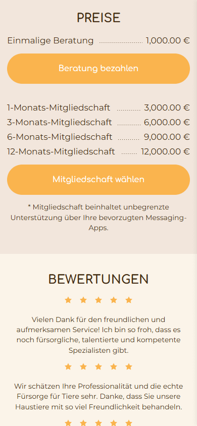Der untere Bereich des Linktree-Beispiels der Tierklinik