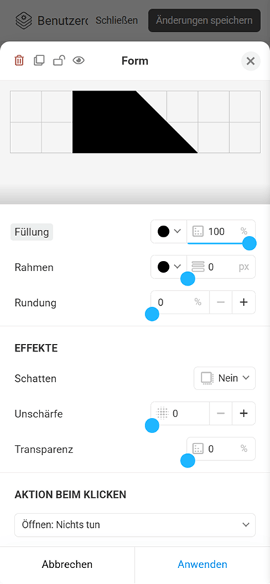Einstellungen für Effekte und die Klickaktion des Elements „Form“ im Block „Benutzerdefinierter Block“ von Taplink
