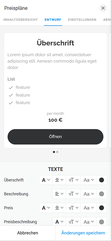 Tab zur Designanpassung des Blocks „Preispläne“ mit Texteinstellungen