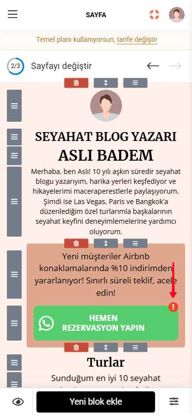 Kırmızı ok ile vurgulanan düğmenin yanında bir ünlem işareti