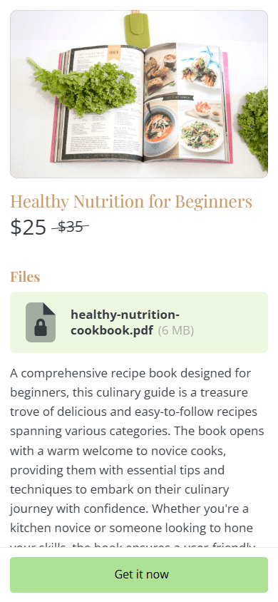 Recipe book product page with a description and PDF file