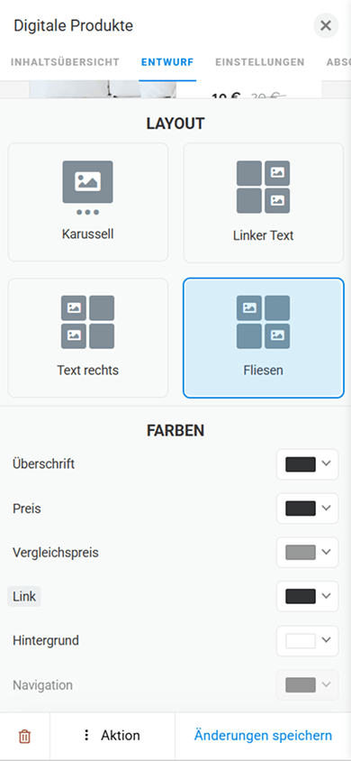 Optionen zur Designanpassung im Block „Digitale Produkte“ von Taplink