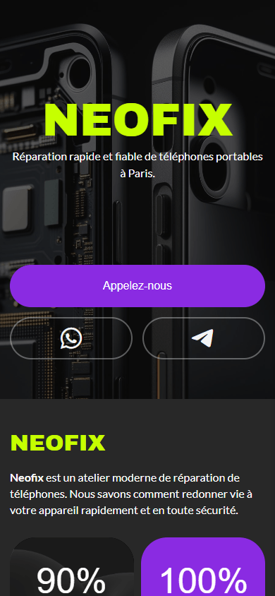 Partie supérieure de l’exemple de page de link in bio d’un atelier de réparation de téléphones
