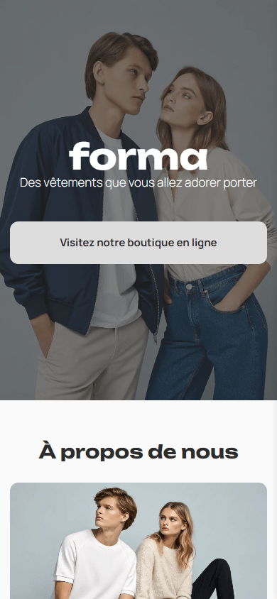 Partie supérieure de l’exemple de page de link in bio d’une boutique de vêtements