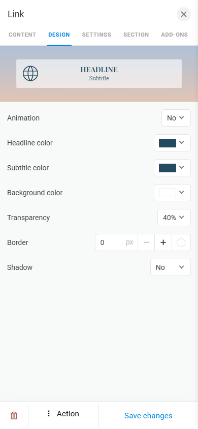 Link design settings in the Link block in Taplink