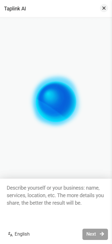 Landing page AI builder in Taplink featuring the prompt field
