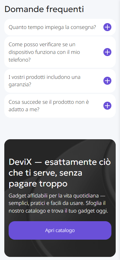 Parte inferiore della pagina di link in bio di un negozio di gadget