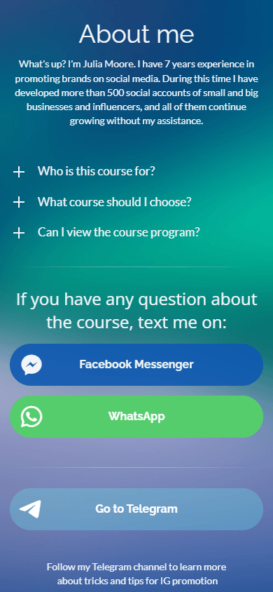 Bottom of a digital marketer’s website with FAQs and contact buttons