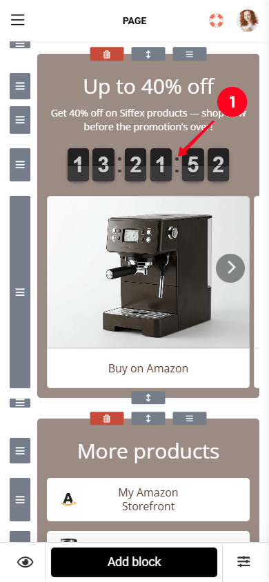 Tapping the Timer block in the Amazon Storefront link in bio page editor