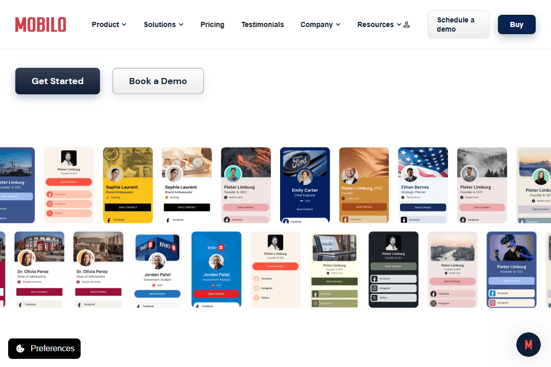 Digital business card designs on the Mobilo homepage